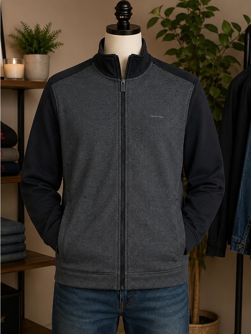 Calvin Klein Men’s Full-Zip Sweater Jacket in Charcoal and Black